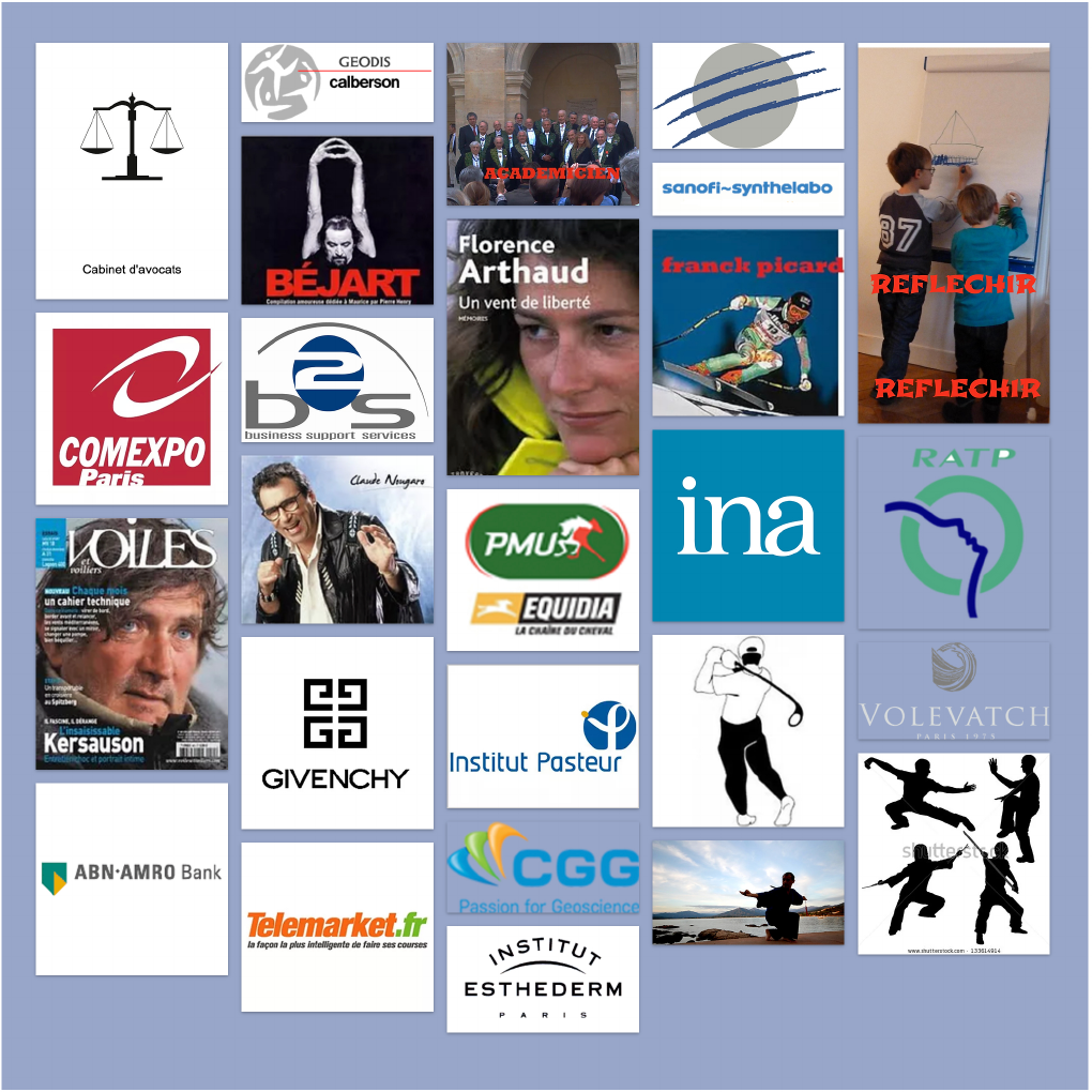 Mosaïque de références professionnelles, sportives, artistiques et institutionnelles de Denis Cellier